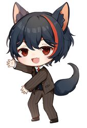  1boy animal_ear_fluff animal_ears black_hair black_vest brown_eyes chibi dancing dog_boy dog_ears dog_tail formal highres indie_virtual_youtuber male_focus merry_(merryweather) multicolored_hair oerba_yun_fang red_hair simple_background skin_fang streaked_hair suit tail the_monkey vest virtual_youtuber white_background wolf_boy yuniiho 