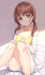  blue_shorts blush brown_hair camisole collarbone feet_out_of_frame female frown highres image_sample keiran_(ryo170) knees_together_feet_apart looking_at_viewer low_twintails off_shoulder original panties panties_under_shorts pantyshot pillow short_shorts shorts sitting solo tumblr_sample twintails underwear upshorts white_panties yellow_camisole yellow_eyes 