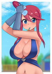  absurdres adjusting_hair badge bikini blue_bikini blue_eyes blush breasts cleavage commentary female gloves gym_leader_badge hair_ornament highres jet_badge large_breasts looking_at_viewer mouth_hold musical_note navel pokemon pokemon_bw red_hair skyla_(pokemon) smile solo swept_bangs swimsuit the_only_shoe tying_hair 