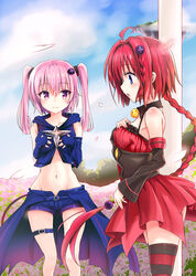  2girls ahoge belt black_gloves black_shirt black_shorts black_sleeves braid braided_ponytail breasts cloud cosplay costume_switch crop_top detached_collar detached_sleeves dress fingerless_gloves flower gloves groin hair_ornament hairclip hand_on_own_chest highres kurosaki_mea kurosaki_mea_(cosplay) long_hair midriff multiple_girls nana_asta_deviluke navel open_mouth outdoors pink_eyes pink_hair red_dress red_hair shirt short_dress short_hair_with_long_locks short_shorts shorts side_braid sky sleeveless sleeveless_shirt small_breasts striped_clothes striped_thighhighs tail thigh_strap thighhighs thighs to_love-ru to_love-ru_darkness toshizou_(0714) two_side_up very_long_hair waist_cape zettai_ryouiki 