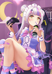  absurdres asymmetrical_legwear bandaid bandaid_on_knee bandaid_on_leg blunt_bangs bow can chair controller double_bun dress drinking drinking_straw drinking_straw_in_mouth energy_drink female frilled_dress frills gaming_chair gradient_eyes grey_hair hair_bun hair_ornament hairclip half_moon highres holding holding_controller hololive indoors kaigan long_hair looking_at_viewer maid_headdress mismatched_legwear moon multicolored_eyes multicolored_hair murasaki_shion murasaki_shion_(magical_girl_maid) official_alternate_costume pink_bow pink_hair purple_dress purple_hair short_dress single_thighhigh single_wrist_cuff sitting sleeveless sleeveless_dress solo swivel_chair thighhighs thighs very_long_hair virtual_youtuber wrist_cuffs yellow_eyes 