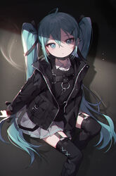  absurdres azit_(down) black_jacket black_ribbon black_shirt black_thighhighs blue_eyes blue_hair collared_shirt commentary dress_shirt female grey_background grey_skirt hair_between_eyes hair_ribbon hatsune_miku highres jacket long_hair long_sleeves mask_pull open_clothes open_jacket pleated_skirt ribbon shirt sidelocks skirt solo thighhighs twintails very_long_hair vocaloid white_shirt 