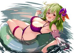  :d bikini breasts brown_eyes cleavage female green_hair hair_ornament highres innertube koko_(hm142533) long_hair looking_at_viewer marl_(sennen_sensou_aigis) navel open_mouth outdoors purple_bikini sennen_sensou_aigis smile solo swim_ring swimsuit thigh_strap water 