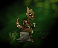  2019 anthro ass backpack bodypaint brown_body brown_eyes brown_scales clothed clothing detailed_background digital_media_(artwork) eyelashes face_paint female forest fungus holding_object kobold markings multicolored_body multicolored_scales mushroom outside painted_body plant red_clothing scales scalie shaded sitting solo squablodecomplash stick tree tree_stump two_tone_body two_tone_scales white_clothing white_markings wiggles_(squablodecomplash) 