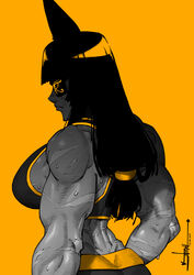  animal_ears back biceps blending blunt_bangs breasts dark_skin dated egyptian english_commentary eyepatch female from_side greyscale_with_colored_background highres joseph_virtuoso large_breasts long_hair low-tied_long_hair midriff monochrome muscular muscular_female one-eyed orange_background orange_theme original scar sideboob signature solo spandex sports_bra spot_color sweat taiga_damada_(joseph_virtuoso) 