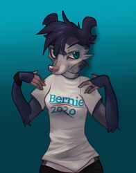  2020 american_opossum anthro bernie_sanders black_body black_fur black_hair blue_eyes bracelet clothed clothing digital_media_(artwork) english_text eyebrows eyelashes female fingers fur grey_body grey_fur hair jewelry mammal marsupial nash_(zenirix) politics scar shirt solo standing text topwear virginia_opossum white_body white_fur zenirix 