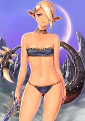  adapted_costume areuhat arms_at_sides bare_arms bare_shoulders bikini blonde_hair breasts cleavage closed_mouth contrapposto cowboy_shot crescent_moon dragon_tail elf elvaan female final_fantasy final_fantasy_xi gold_trim hair_ornament hair_over_one_eye highres holding holding_sword holding_weapon jewelry legs_apart looking_to_the_side midriff moon navel neck_ring pink_lips pointy_ears purple_bikini purple_eyes purple_pupils short_hair small_breasts smile solo spiked_tail standing straight-on strapless strapless_bikini swimsuit sword tail tail_raised taisai_soft thighs weapon 