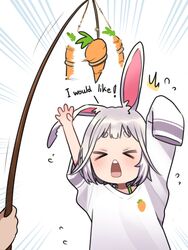  &gt;_&lt; animal_ears arms_up blush carrot carrot_on_stick ear_down english_commentary english_text female flying_sweatdrops food highres medium_hair motto_notto notched_ear open_mouth original oversized_clothes rabbit_ears rabbit_girl simple_background sleeves_past_wrists solo_focus thai_commentary thick_eyebrows white_background 