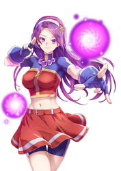  asamiya_athena bike_shorts blue_gloves breasts closed_mouth commentary_request crop_top cropped_shirt energy energy_ball female fingerless_gloves fingernails gloves hairband hands_up highres jewelry lips long_hair medium_breasts midriff navel necklace parted_bangs psycho_soldier purple_eyes purple_hair red_skirt shiny_skin short_sleeves shorts simple_background skirt smile the_king_of_fighters the_king_of_fighters_2002 turtleneck white_background yiran_kong_xian 