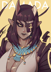  ankh black_sclera blunt_bangs blush breasts broken_horn cleavage colored_sclera colored_skin dated egyptian egyptian_clothes eyepatch female gorget grey_skin highres horizontal_pupils horns joseph_virtuoso medium_hair one-eyed open_mouth original pointy_ears scar scar_across_eye scar_on_breasts scar_on_face sideboob signature solo sweatdrop taiga_damada_(joseph_virtuoso) yellow_background 