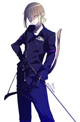  1boy arrow_(projectile) black_gloves black_jacket black_pants blonde_hair blue_shirt bow_(weapon) brown_eyes closed_mouth collarbone commentary_request gloves highres holding holding_arrow holding_bow_(weapon) holding_weapon jacket light_smile long_sleeves low_ponytail male_focus night_raven_college_gym_uniform pants ponytail rook_hunt shirt signature simple_background sofra solo standing twisted_wonderland twitter_username weapon white_background 