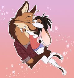  2022 3_toes anthro barefoot brown_body brown_fur canid canine digital_media_(artwork) duo feet female fur gradient_background hi_res kissing lagomorph leporid male mammal maned_wolf rabbit ribbontini simple_background smores_(ribbontini) toes vulpesvant white_body white_fur 