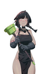  absurdres apron bad_id bad_pixiv_id black_apron black_choker black_gloves black_hair braid breasts choker commentary cowboy_shot female gloves hair_ornament highres holding_plunger huang_(volt0526) medium_breasts naked_apron original plunger red_eyes shiny_skin sideboob simple_background solo standing tareme thighs twin_braids wavy_mouth white_background 