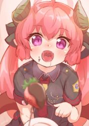  aiguillette black_shirt blue_archive blurry blush demon_wings depth_of_field fangs female food fruit hair_ribbon highres horns junko_(blue_archive) necktie ooba_jun open_mouth pink_eyes pointy_ears red_hair red_necktie ribbon saliva shirt solo strawberry tongue twintails uvula wings 