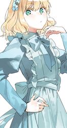  :&lt; apron blonde_hair bob_cut bow bowtie close-up closed_mouth collared_dress colored_eyelashes cowboy_shot cropped dress expressionless eyelashes eyes_visible_through_hair female frilled_apron frilled_hairband frills from_side green_eyes hair_between_eyes hairband hand_on_own_hip hand_up juliet_sleeves long_sleeves looking_at_viewer looking_to_the_side maeya_susumu maid maid-san_wa_taberu_dake maid_apron official_art puffy_sleeves ricotta_(maid-san_wa_taberu_dake) short_hair solo wavy_hair white_background wing_collar 