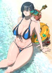  1boy abs absurdres age_difference animal_ears bad_id bad_pixiv_id beach bikini black_bikini black_hair blue_bikini blush breasts commentary_request diving_mask female from_above goggles green_eyes hair_over_eyes highres innertube large_breasts looking_at_viewer muscular muscular_female navel noah_(onna_kishi_to_kemonomimi_no_ko) olivia_(onna_kishi_to_kemonomimi_no_ko) onee-shota onna_kishi_to_kemonomimi_no_ko red_hair scar short_hair straight swim_ring swimsuit thick_thighs thighs turbo_engine_(rakugaki_tabo) two-tone_bikini water yellow_eyes 