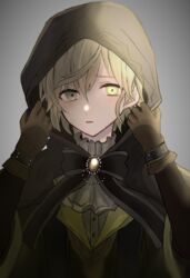  1boy :o akitama2727 gloves green_eyes green_gloves green_hair green_hood green_jacket grey_background hair_between_eyes jacket looking_at_viewer male_focus open_mouth pinocchio_(sinoalice) short_hair simple_background sinoalice solo 