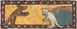  14th_century ambiguous_gender ancient_art anthro biped black_text brown_body brown_fur canid canine duo field fox fur gold_background mammal manuscript public_domain reynard_the_fox text unknown_artist white_body white_fur 