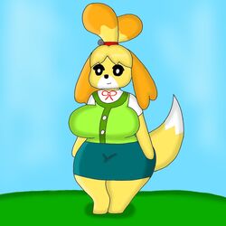  1:1 2020 animal_crossing anthro breasts canid canine canis chibi demongirl_demoness digital_media_(artwork) domestic_dog female fur hi_res isabelle_(animal_crossing) mammal nintendo solo thick_thighs wide_hips yellow_body yellow_fur 