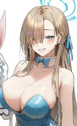  asuna_(blue_archive) asuna_(bunny)_(blue_archive) asymmetrical_bangs bad_id bad_twitter_id bare_shoulders blue_archive blue_bow blue_bowtie blue_leotard blue_ribbon bow bowtie breasts cleavage collar detached_collar elbow_gloves eyes_visible_through_hair female gloves grin hair_over_one_eye hair_ribbon half_updo halo highres large_breasts leotard light_brown_hair looking_at_viewer meoyo mole mole_on_breast official_alternate_costume playboy_bunny ribbon sideboob sidelocks simple_background smile solo strapless strapless_leotard traditional_bowtie unfinished upper_body white_background white_collar white_gloves 