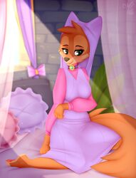  2022 3_toes anthro barefoot breasts canid canine clothed clothing countershade_feet countershading digital_media_(artwork) disney exposure_variation eyebrows eyelashes feet female fingers forehead fox fur green_eyes hi_res inside light maid_marian mammal omiart orange_body orange_fur orange_tail pawpads paws pink_pawpads plantigrade pose red_fox robin_hood_(disney) smile solo sunlight tail toes true_fox 