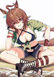  agnes_tachyon_(lunatic_lab)_(umamusume) agnes_tachyon_(umamusume) animal_ears bikini black_bikini black_footwear black_gloves bow bracelet breasts brown_hair cleavage commentary commentary_request cross-laced_footwear denim denim_shorts ear_bow feet female gladiator_sandals gloves green_shirt hair_between_eyes halterneck highres horse_ears horse_girl indian_style jewelry legs looking_at_viewer medium_breasts official_alternate_costume official_alternate_hairstyle open_clothes open_fly open_shorts red_eyes sandals sarcophage shirt shorts single_glove sitting sleeves_rolled_up solo striped striped_bow swimsuit thigh_strap tied_shirt toenails toes umamusume 