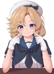  88942731ne blonde_hair blue_eyes blue_sailor_collar dress female gloves hat janus_(kancolle) kantai_collection parted_bangs sailor_collar sailor_dress sailor_hat simple_background smile solo upper_body white_background white_gloves white_hat 