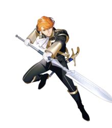  1boy belt boots epaulettes ferdinand_von_aegir fire_emblem fire_emblem:_three_houses fire_emblem_heroes full_body garreg_mach_monastery_uniform gloves highres male_focus non-web_source official_art orange_eyes orange_hair polearm solo spear teeth transparent_background weapon 