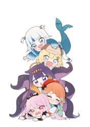  5girls :d :o absurdres beret blonde_hair blue_eyes blue_hair blue_hoodie blush chibi chibi_only closed_eyes commentary deerstalker diamond_hairband fins fish_tail gawr_gura gawr_gura_(1st_costume) gradient_hair green_hair grey_hair hair_ornament hand_on_another&#039;s_head hat highres hololive hololive_english holomyth hood hoodie human_tower long_sleeves lying_on_person mori_calliope mori_calliope_(1st_costume) multicolored_hair multiple_girls neru_(flareuptf1) ninomae_ina&#039;nis ninomae_ina&#039;nis_(1st_costume) open_mouth orange_hair pink_hair purple_eyes purple_hair red_eyes red_hair shark_hair_ornament shark_tail sharp_teeth short_hair short_sleeves sidelocks simple_background smile stacking streaked_hair tail takanashi_kiara takanashi_kiara_(1st_costume) teeth tentacle tentacle_hair tiara virtual_youtuber watson_amelia watson_amelia_(1st_costume) white_background wrist_cuffs 