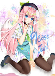  animal_ears black_footwear black_headwear black_legwear blue_eyes choker closed_mouth dog_ears dog_girl dog_tail english_text female hair_undone highres indie_virtual_youtuber long_hair pink_hair ribbon solo tail virtual_youtuber white_ribbon yuniiho yuniiho_(vtuber) 