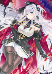  absurdly_long_hair azur_lane black_gloves black_hat black_necktie blue_eyes braid breasts brown_pantyhose coat coat_on_shoulders elbing_(azur_lane) feet_out_of_frame female frilled_pillow frills gloves gold_trim hair_ornament hat heterochromia highres juliet_sleeves large_breasts long_hair long_sleeves looking_at_viewer marker_(medium) mimi_(mini1474) miniskirt necktie pantyhose peaked_cap pillow pleated_skirt puffy_sleeves red_eyes shirt short_necktie skirt solo traditional_media very_long_hair white_hair white_shirt white_skirt 