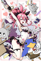  arm_up bird bracelet breasts cup disgaea dual_wielding female gun hanimitsu_(bisko) heart highres holding holding_gun holding_plate holding_weapon jewelry lucky_board_(disgaea) makai_senki_disgaea_5 midriff miniskirt nail_polish navel one_eye_closed open_mouth penguin photo_(object) pink_hair plate ponytail prinny purple_eyes rabbit seraphina_(disgaea) skirt tea teacup teapot teeth thigh_strap upper_teeth_only weapon 