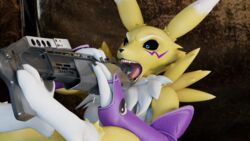  16:9 3d_(artwork) 4k absurd_res anthro armwear bandai_namco black_sclera blender_(artwork) blue_eyes breasts canid clothing digimon digimon_(species) digital_media_(artwork) fellating_firearm female fur furniture gun gun_in_mouth hi_res imminent_suicide mammal object_in_mouth open_mouth ranged_weapon renamon sofa solo spas-12 teeth tongue warfare_machine warfare_renamon weapon white_body white_fur widescreen yellow_body yellow_fur 