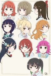  6+girls absurdres ahoge asaka_karin asymmetrical_hair beige_cardigan black_hair black_vest blonde_hair blue_eyes blue_hair blunt_bangs bob_cut bow bowtie braid brown_hair cardigan collared_shirt crescent crescent_hair_ornament emma_verde flower freckles gradient_hair green_eyes grey_eyes grey_hair gyaru hair_bun hair_flower hair_ornament hairbow hairpin highres idol_clothes jacket konoe_kanata long_hair love_live! love_live!_nijigasaki_high_school_idol_club low_twintails medium_hair miyashita_ai multicolored_hair multiple_girls muramoh nakasu_kasumi nijigasaki_school_uniform one_side_up orange_hair osaka_shizuku pink_hair ponytail purple_eyes red_bow red_eyes school_uniform shirt short_hair single_side_bun summer_uniform swept_bangs takasaki_yu tennoji_rina twin_braids twintails two-tone_hair uehara_ayumu vest wavy_hair white_shirt yellow_eyes yellow_jacket yuki_setsuna_(love_live!) 