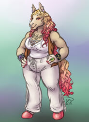  2023 anthro biped bottomwear breasts cleavage clothed clothing equid equine facial_piercing female fully_clothed hanazawa hi_res hooves horse jewelry mammal nose_piercing nose_ring pants piercing pink_eyes pink_hooves ring_piercing septum_piercing shirt solo topwear white_bottomwear white_clothing white_pants white_shirt white_topwear 