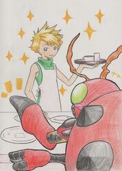  antennae_(anatomy) anthro apron bandai_namco blonde_hair blue_eyes clothing cooking digimon digimon_(species) duo green_eyes hair hi_res human male mammal matt_ishida plate red_body sleeveless_turtleneck tabasukotrr tentomon traditional_media_(artwork) 