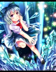  ankle_socks bad_id bad_pixiv_id blue_dress blue_eyes blue_hair blush cirno crystal dress female fingernails gradient_background grin hair_ribbon hand_on_own_face highres kuyuru_(vocalo520) letterboxed looking_at_viewer ribbon sharp_fingernails short_hair short_sleeves smile snowflakes socks solo sparkle touhou wings 