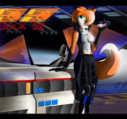  anthro boots bottomwear breasts canid canine cleavage clothed clothing cockpit collar corrvo crate detailed_background electronics english_text female footwear fox fur gloves green_eyes handwear headgear headphones headset hologram jacket leaning legacy_of_the_phoenix mammal midriff orange_body orange_fur pants planet rebecca_cyrus seat shirt solo space space_station spacecraft text topwear vehicle white_body white_fur 