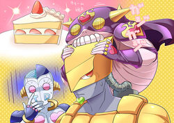  3boys atum_(stand) biting cake commentary_request cream_(stand) fangs food head_biting jojo_no_kimyou_na_bouken kamiura look-alike multiple_boys no_humans pink_eyes polka_dot polka_dot_background red_eyes stand_(jojo) stardust_crusaders sweatdrop the_world 