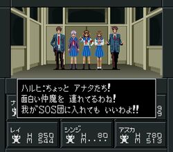  2boys 3girls asahina_mikuru blue_skirt brown_hair brown_pants commentary_request fake_screenshot gameplay_mechanics hair_ribbon hairband hand_in_pocket jacket kita_high_school_uniform koizumi_itsuki kyon long_hair multiple_boys multiple_girls nagato_yuki neck_ribbon necktie neon_genesis_evangelion open_clothes open_jacket orange_hairband orange_ribbon pants purple_hair red_necktie red_ribbon ribbon school_uniform serafuku shin_megami_tensei short_hair skirt sprite_art suzumiya_haruhi suzumiya_haruhi_no_yuuutsu translated winter_uniform yg 