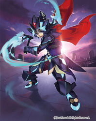  armor armored_boots axe blue_eyes blue_hair boots cape cardfight!!_vanguard cloud commentary_request company_name gloves helmet lingering_night_revenger_conrad niccohudou official_art open_mouth sky solo teeth weapon 