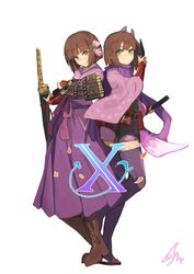  2girls armor boots brown_footwear brown_hair bushidou_(sekaiju) bushidou_4_(sekaiju) closed_mouth commentary english_commentary flower green_eyes hair_flower hair_ornament highres holding holding_sword holding_weapon japanese_armor japanese_clothes katana kimono lansane looking_at_viewer multiple_girls purple_kimono purple_legwear sandals sash scabbard sekaiju_no_meikyuu sekaiju_no_meikyuu_x sheath shinobi_(sekaiju) shinobi_4_(sekaiju) shoulder_armor signature simple_background sode sword thighhighs weapon white_background 