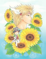  2boys bad_id bad_pixiv_id battle_tendency blonde_hair caesar_anthonio_zeppeli facial_hair facial_mark flower hat jojo_no_kimyou_na_bouken jyan_borii moustache multiple_boys phantom_blood sunflower top_hat will_anthonio_zeppeli 