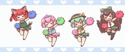  &gt;_&lt; 4girls :&lt; :d ^_^ animal_ears animated animated black_hair black_socks blue_background blush bow braid cat_ears cat_tail cheering cheerleader closed_eyes green_bow green_eyes green_hair green_skirt hairbow hat hat_bow heart kaenbyou_rin komeiji_koishi komeiji_satori leg_up long_hair maitora multiple_girls multiple_tails open_mouth panties pink_eyes pink_hair pink_skirt pom_pom_(cheerleading) red_eyes red_hair red_panties reiuji_utsuho short_hair skirt sleeveless smile socks tail third_eye touhou twin_braids two_tails underwear white_background wings xd 