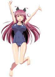  :d absurdres animal_ears armpits arms_up ass_visible_through_thighs barefoot blue_one-piece_swimsuit blush braid breasts cleavage commentary_request female full_body highres infinite_stratos jumping kuroda_ariake large_breasts long_hair old_school_swimsuit one-piece_swimsuit one_eye_closed open_mouth photoshop_(medium) purple_eyes purple_hair rabbit_ears school_swimsuit shinonono_tabane simple_background smile solo swimsuit twin_braids very_long_hair white_background 