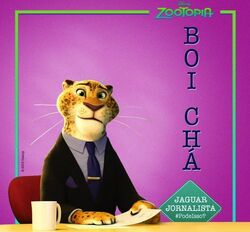  2016 anthro boi_cha border business_suit chair clothing coffee_cup container cup disney felid fur furniture green_eyes jaguar looking_at_viewer male mammal markings news news_reporter pantherine paper reporter simple_background solo spots spotted_body spotted_fur suit zootopia 