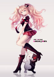  blue_eyes boots commentary cross-laced_footwear danganronpa:_trigger_happy_havoc danganronpa_(series) enoshima_junko female grin hair_ornament lace-up_boots legs long_hair monokuma necktie pink_hair smile solo spoilers symbol-only_commentary thighs twintails vienri 