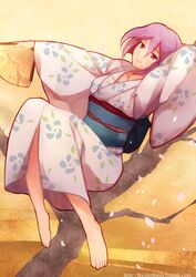  barefoot benten-sama_(uchouten_kazoku) cherry_blossoms english_commentary feesh female hand_fan japanese_clothes kimono obi purple_eyes purple_hair sash uchouten_kazoku 