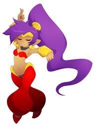  bite biting_lip biting_own_lip breasts closed_eyes clothing dark_body dark_skin ear_piercing female genie gunmouth hair hi_res humanoid humanoid_pointy_ears long_hair medium_breasts navel not_furry piercing ponytail purple_hair self_bite shantae shantae_(series) simple_background solo wayforward 