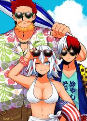  2boys ;) american_flag beach bikini bikini_top_only blue_sky boku_no_hero_academia breasts brother_and_sister burn_scar cleavage cloud collarbone collared_shirt commentary_request day endeavor_(boku_no_hero_academia) eyewear_on_head facial_hair family father_and_daughter father_and_son female fire floral_print flower goatee hawaiian_shirt height_difference highres innertube large_breasts looking_at_viewer maririn_4645 moustache multicolored_hair multiple_boys nail_polish navel one_eye_closed open_clothes pants pectoral_cleavage pectorals red_hair scar scar_on_face shirt siblings sideburns sky smile split-color_hair sunglasses swim_ring swimsuit todoroki_fuyumi todoroki_shouto towel_around_waist two-tone_hair umbrella white_bikini white_hair 